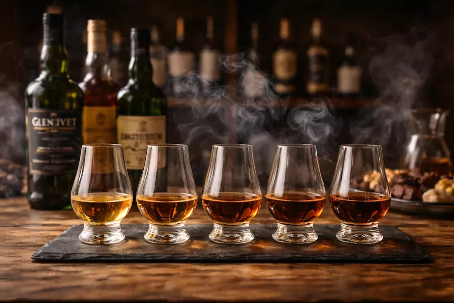 “Provningsglas med rökiga whiskysorter uppställda på rad – symboliserar whiskyprovning med fokus på torvrök, komplexa aromer och djupa smaker”